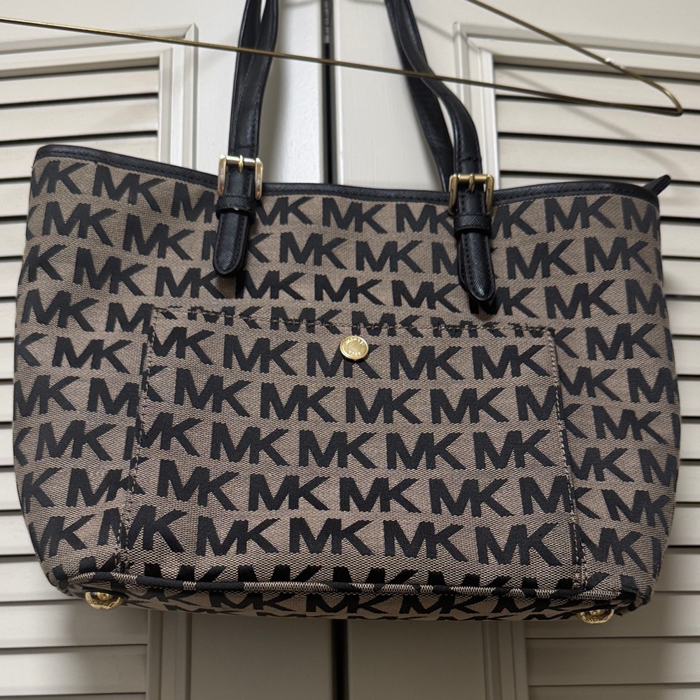 Michael Kors Brown and Black MK Logo Tote with Gold Hardware